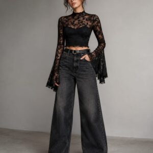 Black Floral Lace Bell Sleeve Top