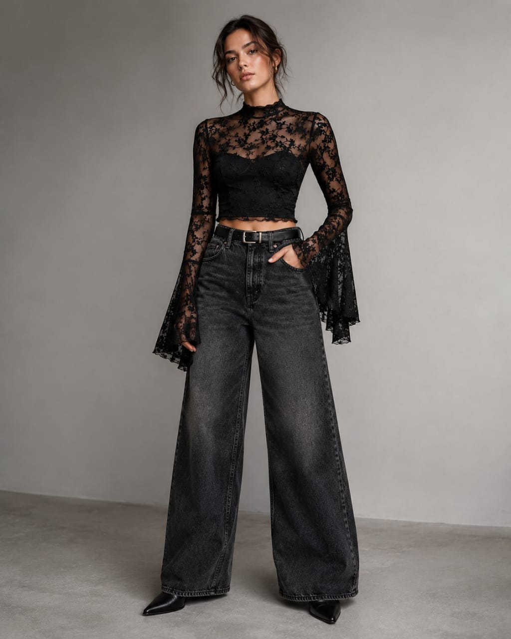 Black Floral Lace Bell Sleeve Top